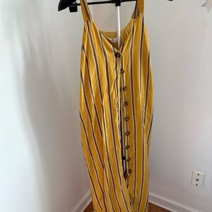P.Cill Yellow Mustard Striped Button-Down Maxi V neck Dress Pockets M